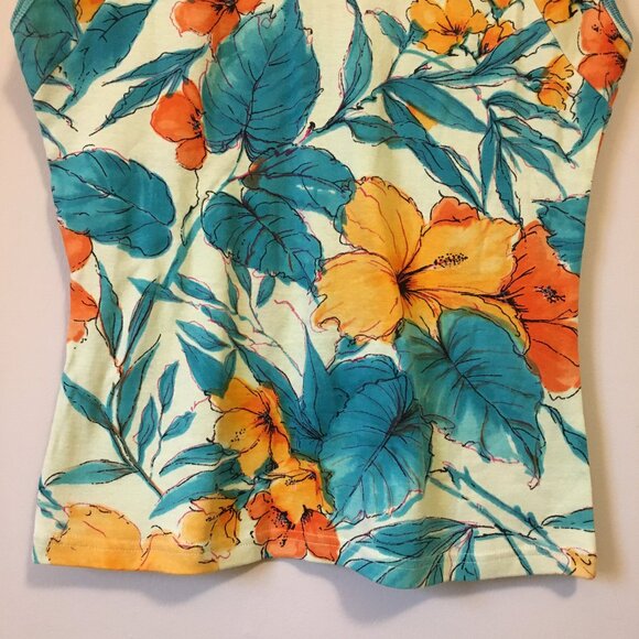 Cactus Faux Wrap Hawaiian Orange Hibiscus Tropical Sequin & Cotton Top - Picture 8 of 15